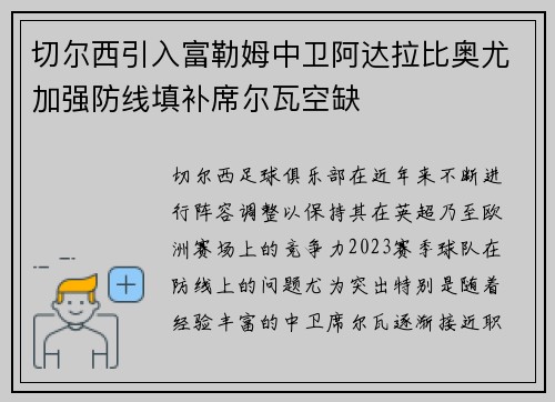切尔西引入富勒姆中卫阿达拉比奥尤加强防线填补席尔瓦空缺