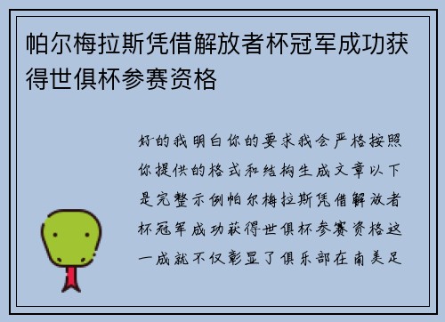 帕尔梅拉斯凭借解放者杯冠军成功获得世俱杯参赛资格