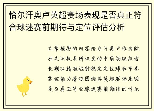 恰尔汗奥卢英超赛场表现是否真正符合球迷赛前期待与定位评估分析